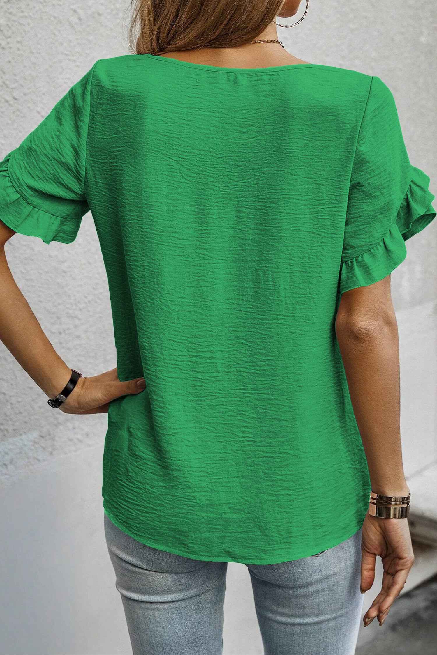 Sea Green Solid Color Ruffle Trim Short Sleeve Blouse