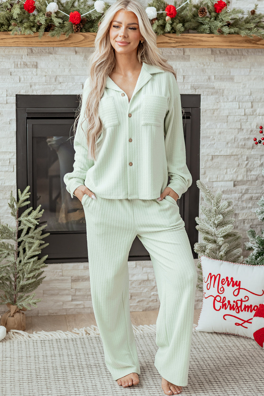 Clearly Aqua Textured Patched Chest Pocket Shirt and Pants Set - Snoopy's Closet