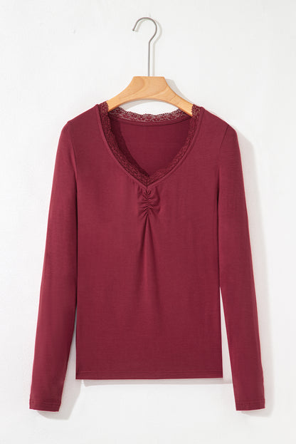 Red Dahlia Lace-trimmed Sweetheart Neckline Ruched Detail Long Sleeve T-shirt - Snoopy's Closet