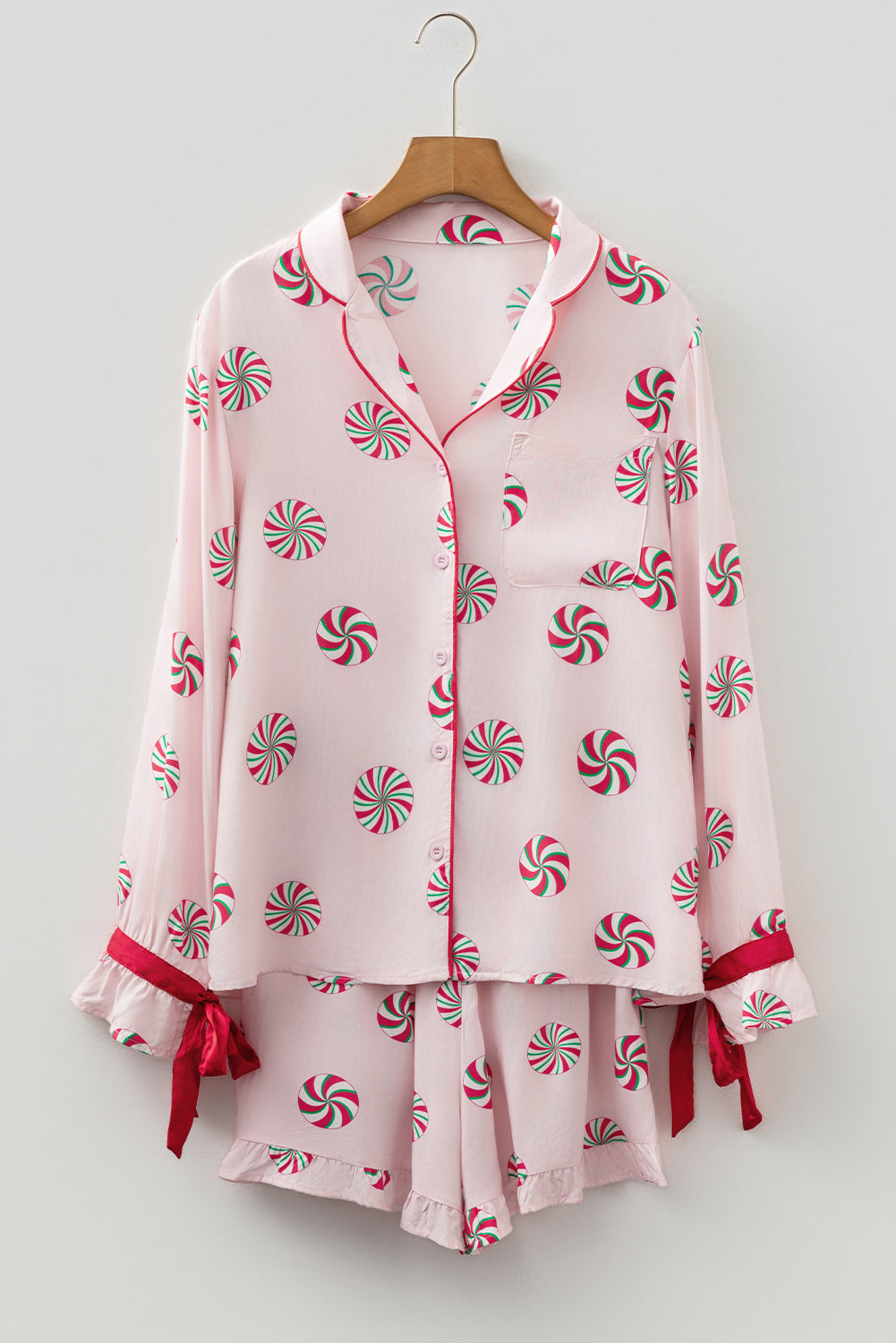Pink Christmas Candy Contrast Trim Bow Knot Silky 2pcs Pajama Set - Snoopy's Closet