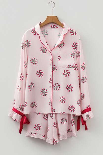Pink Christmas Candy Contrast Trim Bow Knot Silky 2pcs Pajama Set - Snoopy's Closet