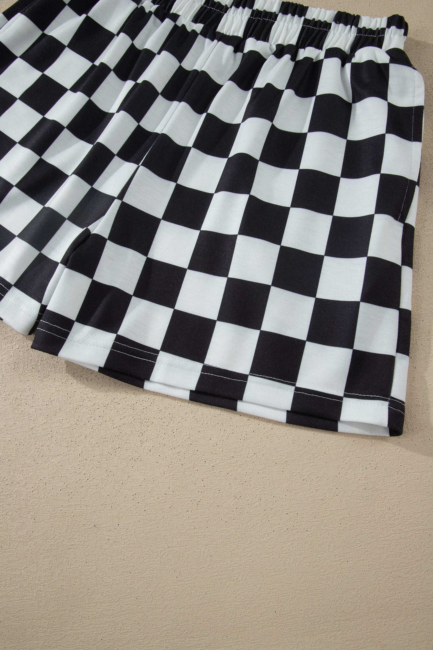 Pink Checkered Print Color Block Trim Mock Neck Short Set - Snoopy's Closet