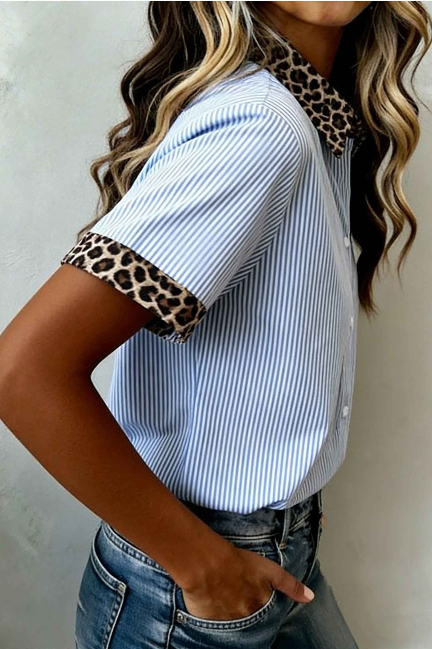 Green Stripe Leopard Contrast Collar Short Sleeve Shirt