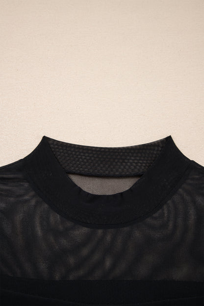 Black Sheer Mesh Patchwork Cap Sleeve T Shirt - Snoopy's Closet