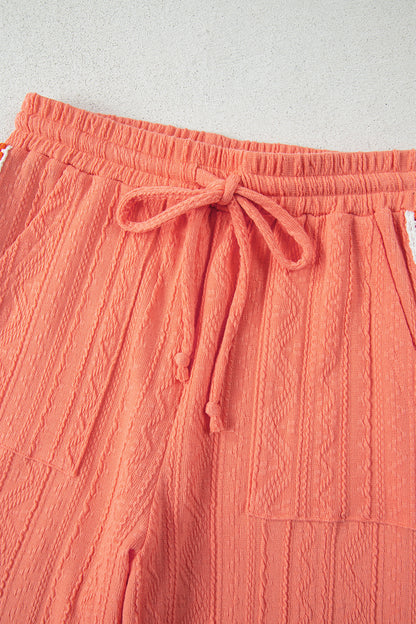 Grapefruit Orange Crochet Floral Accent V Neck Textured Pants Set - Snoopy's Closet