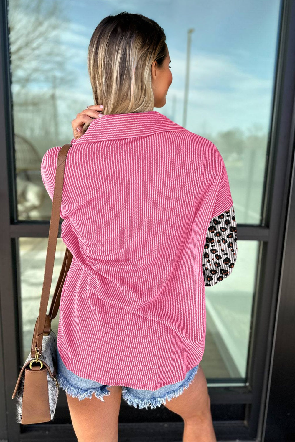Chaqueta Estilo Camisa con Estampado de Leopardo Rojo Rosado y Acanalado Retorcido Occidental Casual