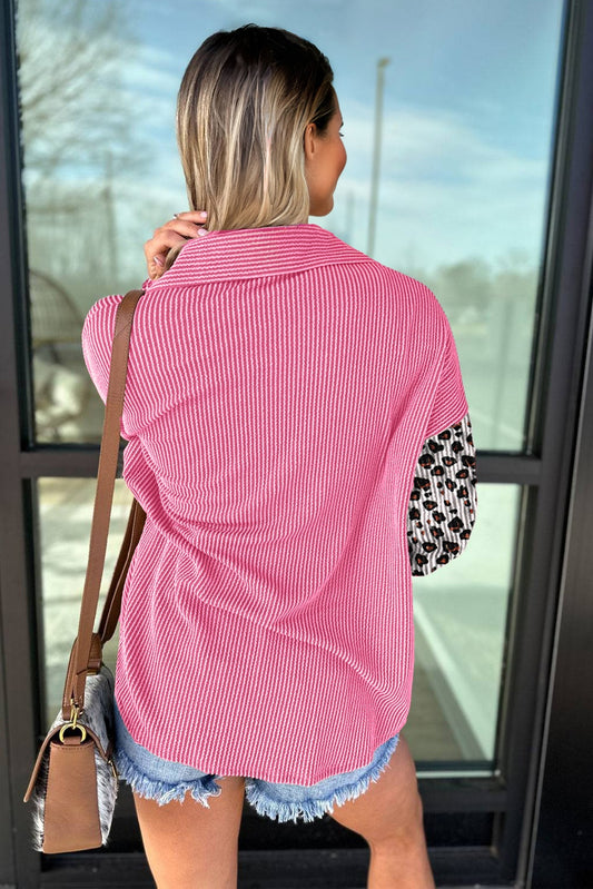Chaqueta Estilo Camisa con Estampado de Leopardo Rojo Rosado y Acanalado Retorcido Occidental Casual