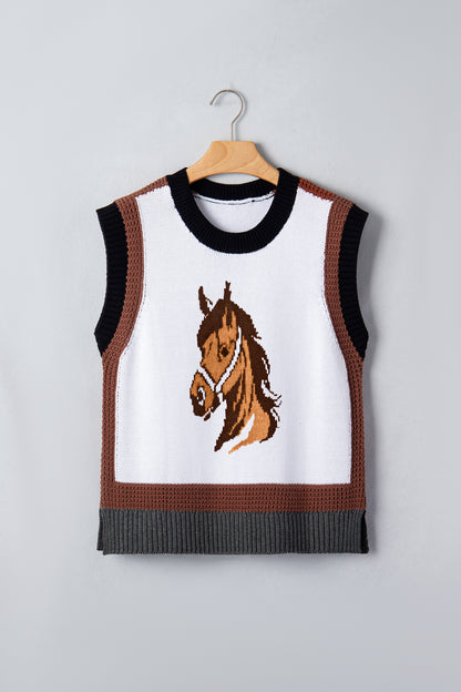 Chaleco de punto con bloques de color y cabeza de caballo del oeste blanco