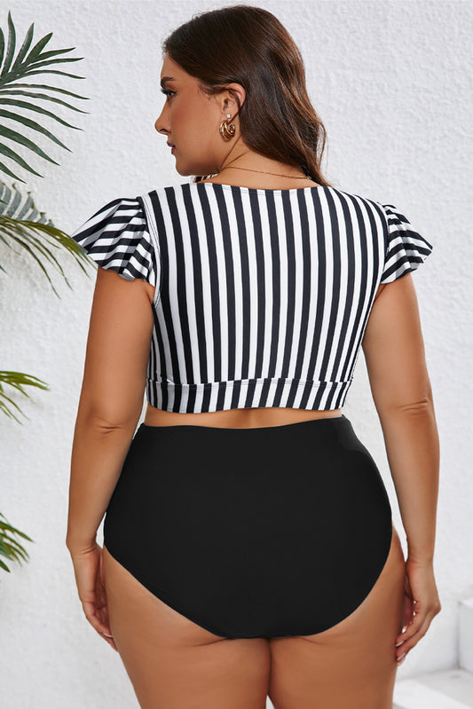 Traje de baño de 2 piezas de talla grande con estampado de rayas negras, nudo, abertura, manga con volantes y cintura alta