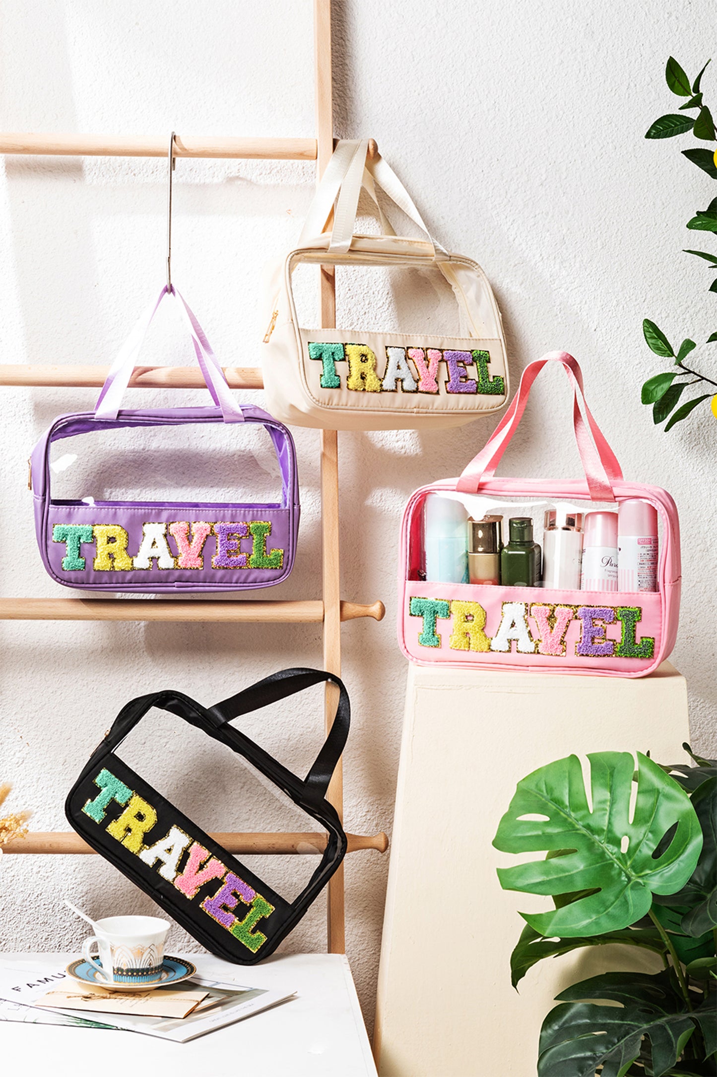 Light Pink TRAVEL Chenille Letter Clear PVC Makeup Bag - Snoopy's Closet