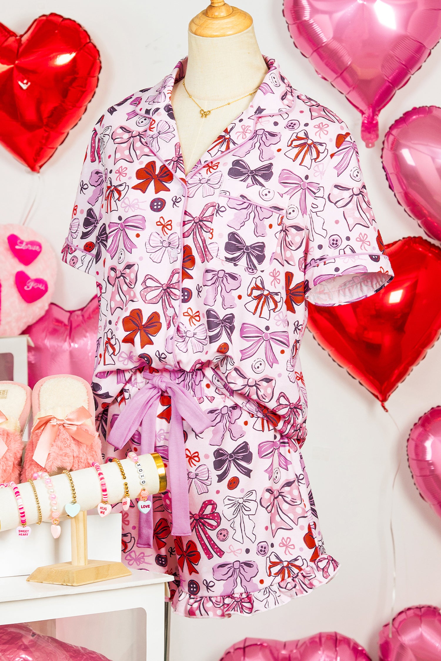 Pink Cute Ribbon Bows Printed 2pcs Short Pajama Set - Snoopy's Closet
