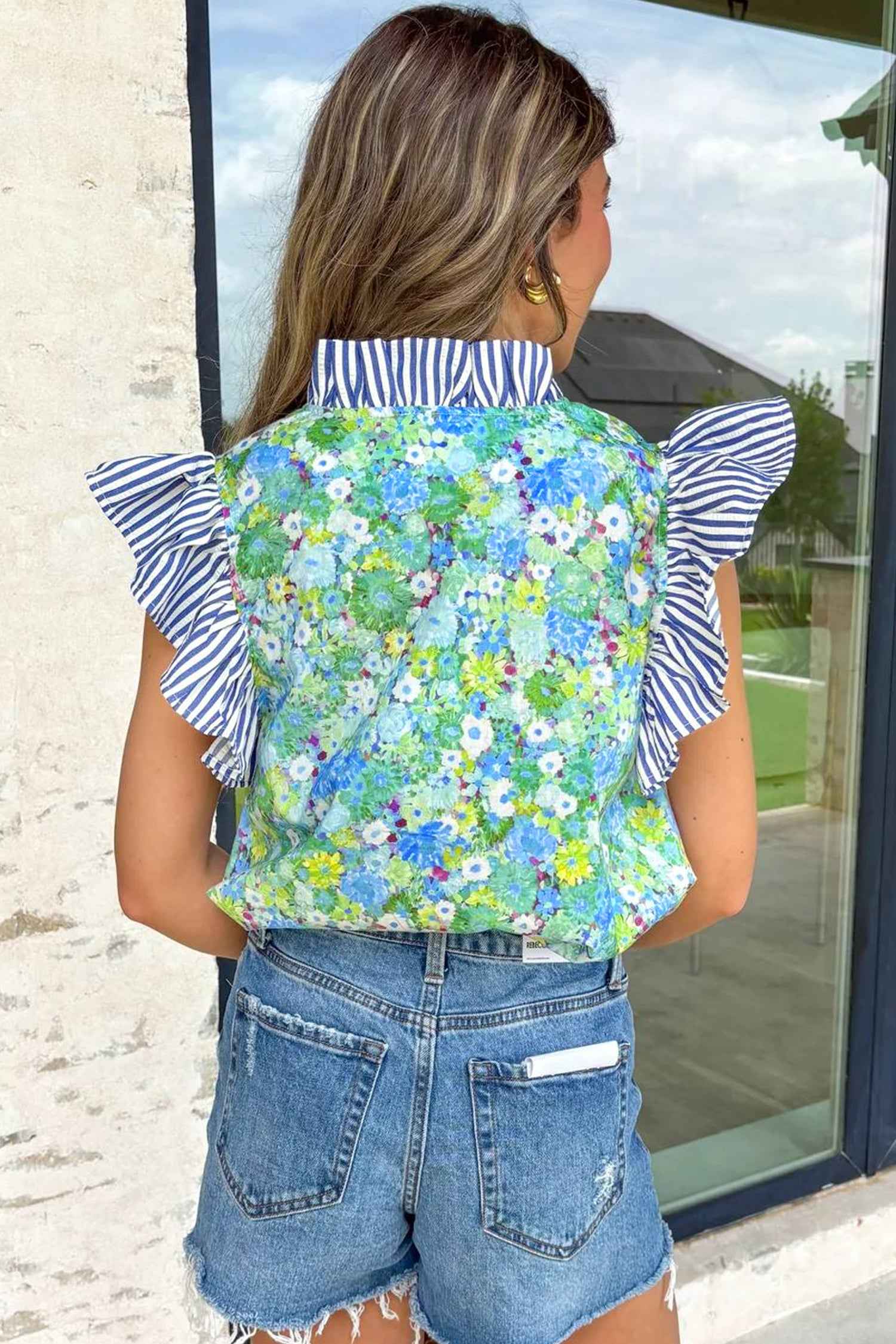 Green Floral Painting Print Striped Patchwork Flutter Sleeve V Neck Blouse
