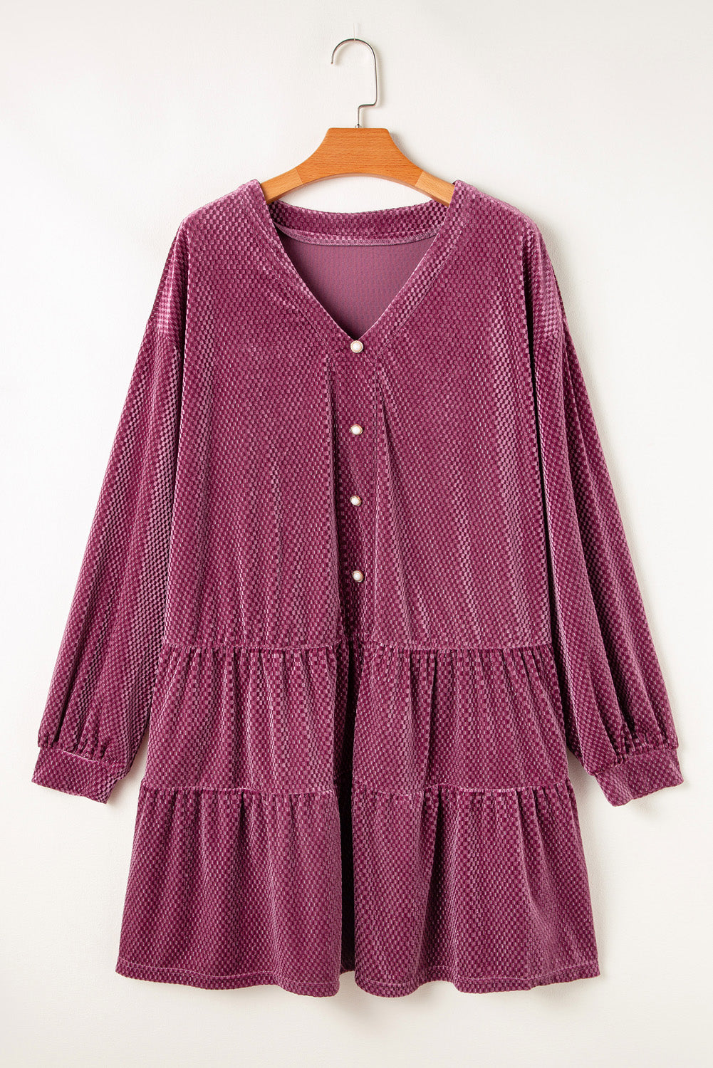 Vestido de Terciopelo Texturizado con Botones y Volantes Talla Grande Color Malva Prado