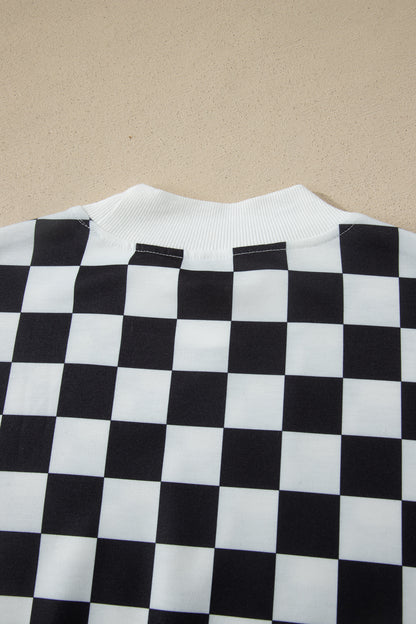 Pink Checkered Print Color Block Trim Mock Neck Short Set - Snoopy's Closet