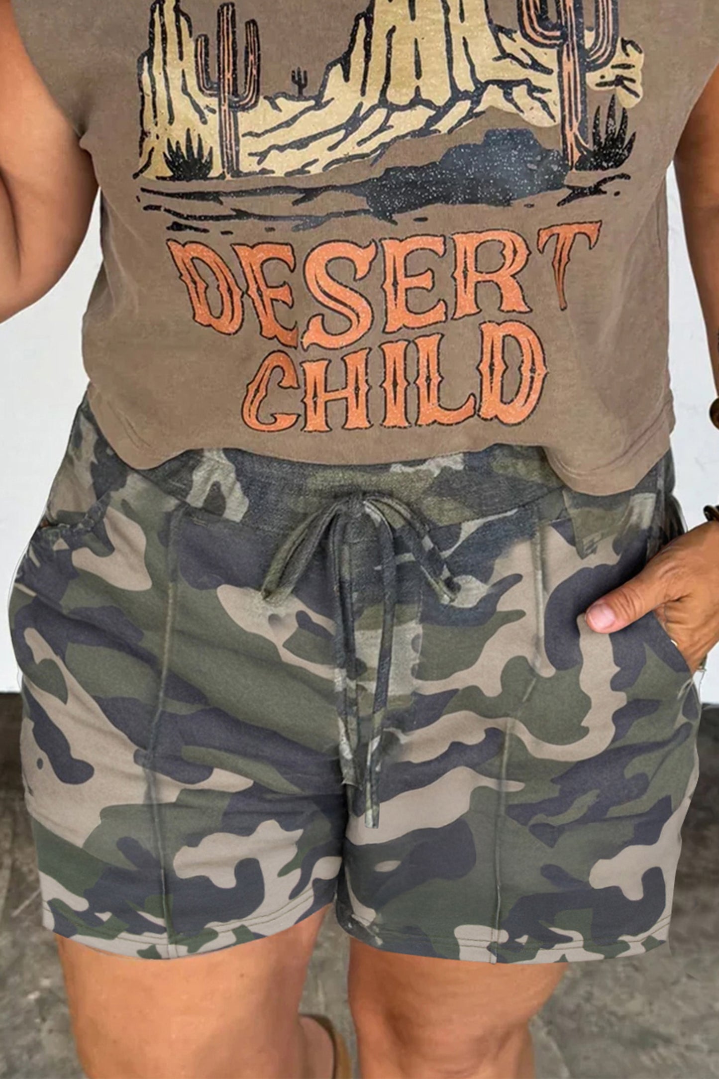 Green Tie Elastic Waist Pocketed Plus Size Camo Shorts - Snoopy's Closet