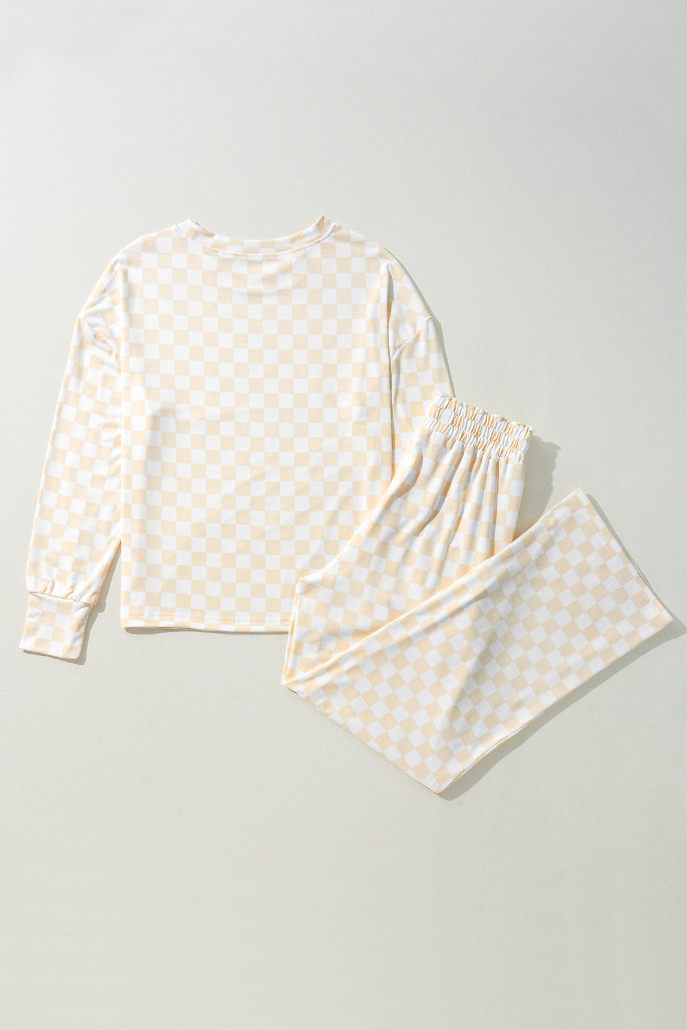 Beige Checkered Print Long Sleeve Top and Pants Lounge Set - Snoopy's Closet