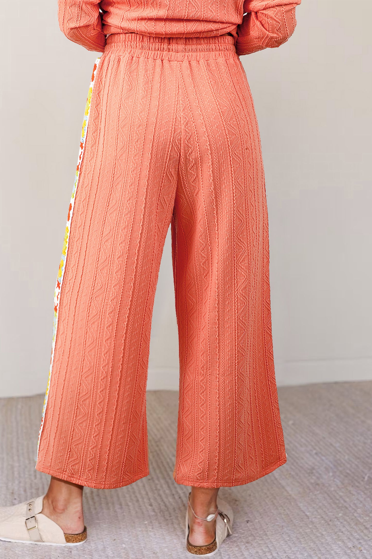 Grapefruit Orange Crochet Floral Accent V Neck Textured Pants Set - Snoopy's Closet