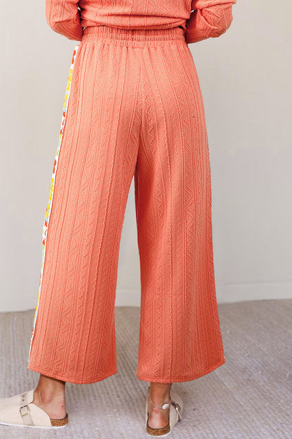 Grapefruit Orange Crochet Floral Accent V Neck Textured Pants Set - Snoopy's Closet