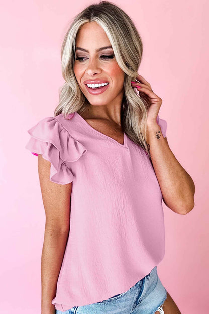 Bonbon Solid Color V Neck Ruffled Detail Loose Tank Top