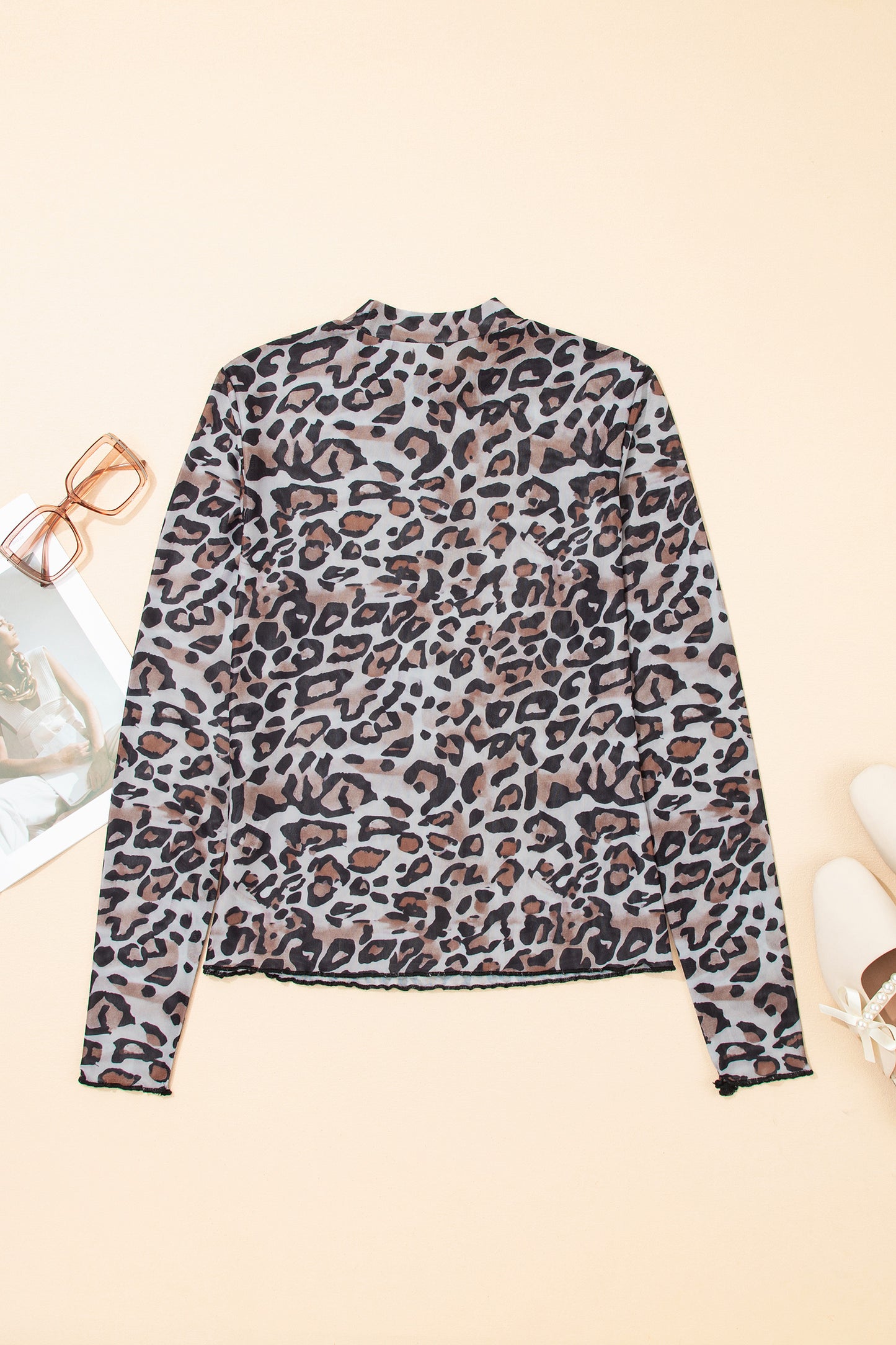 Brown Leopard Mock Neck Mesh Long Sleeve Top - Snoopy's Closet