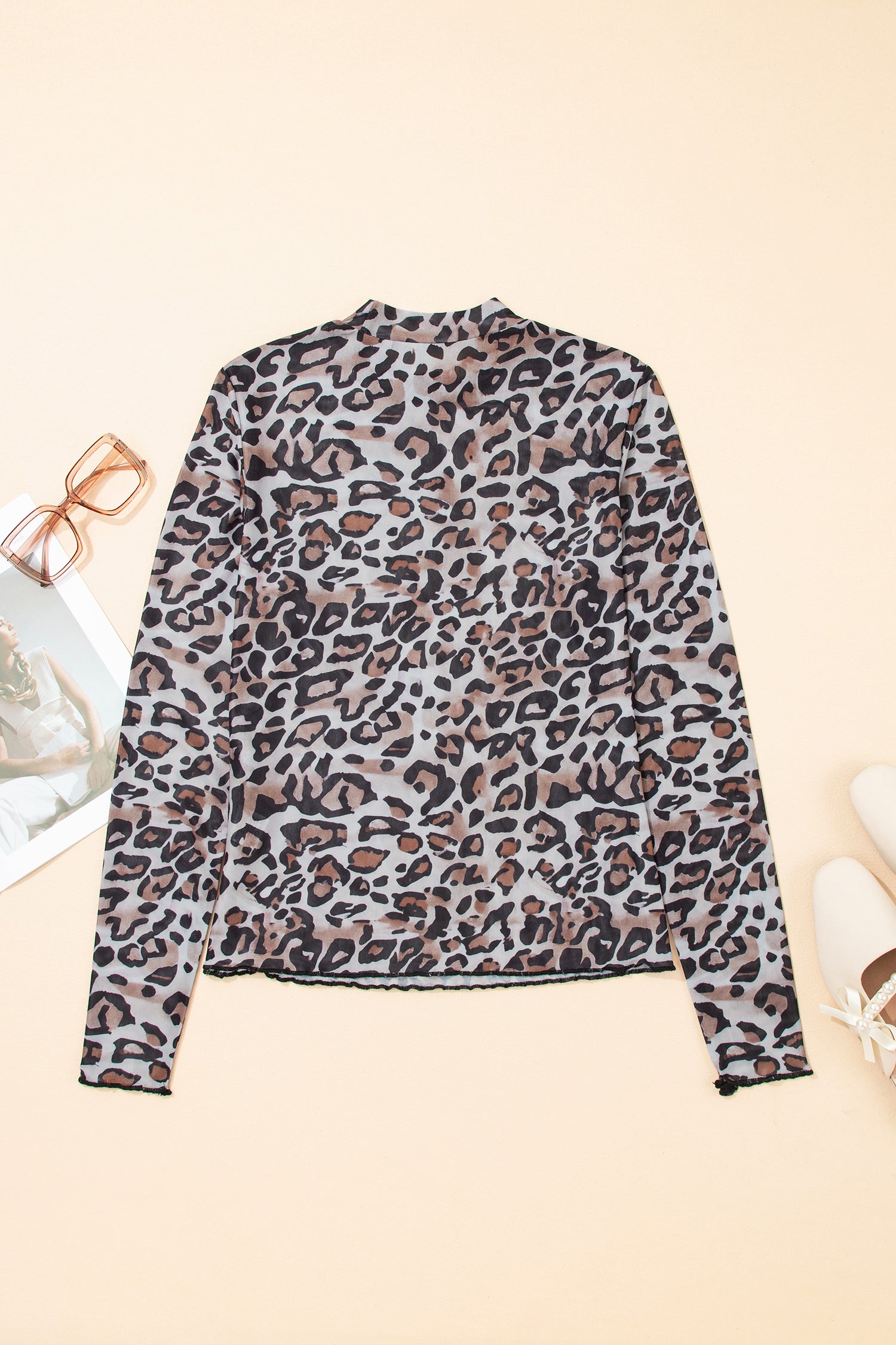 Brown Leopard Mock Neck Mesh Long Sleeve Top - Snoopy's Closet