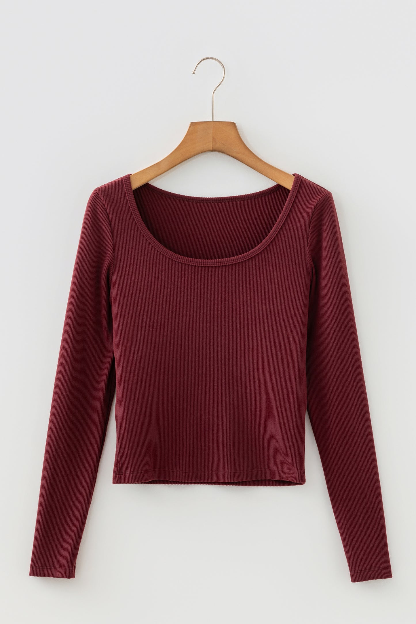 Coffee Ribbed Solid Color U Neck Cropped Long Sleeve Top - Snoopy's Closet