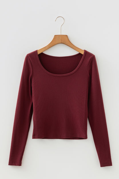 Coffee Ribbed Solid Color U Neck Cropped Long Sleeve Top - Snoopy's Closet