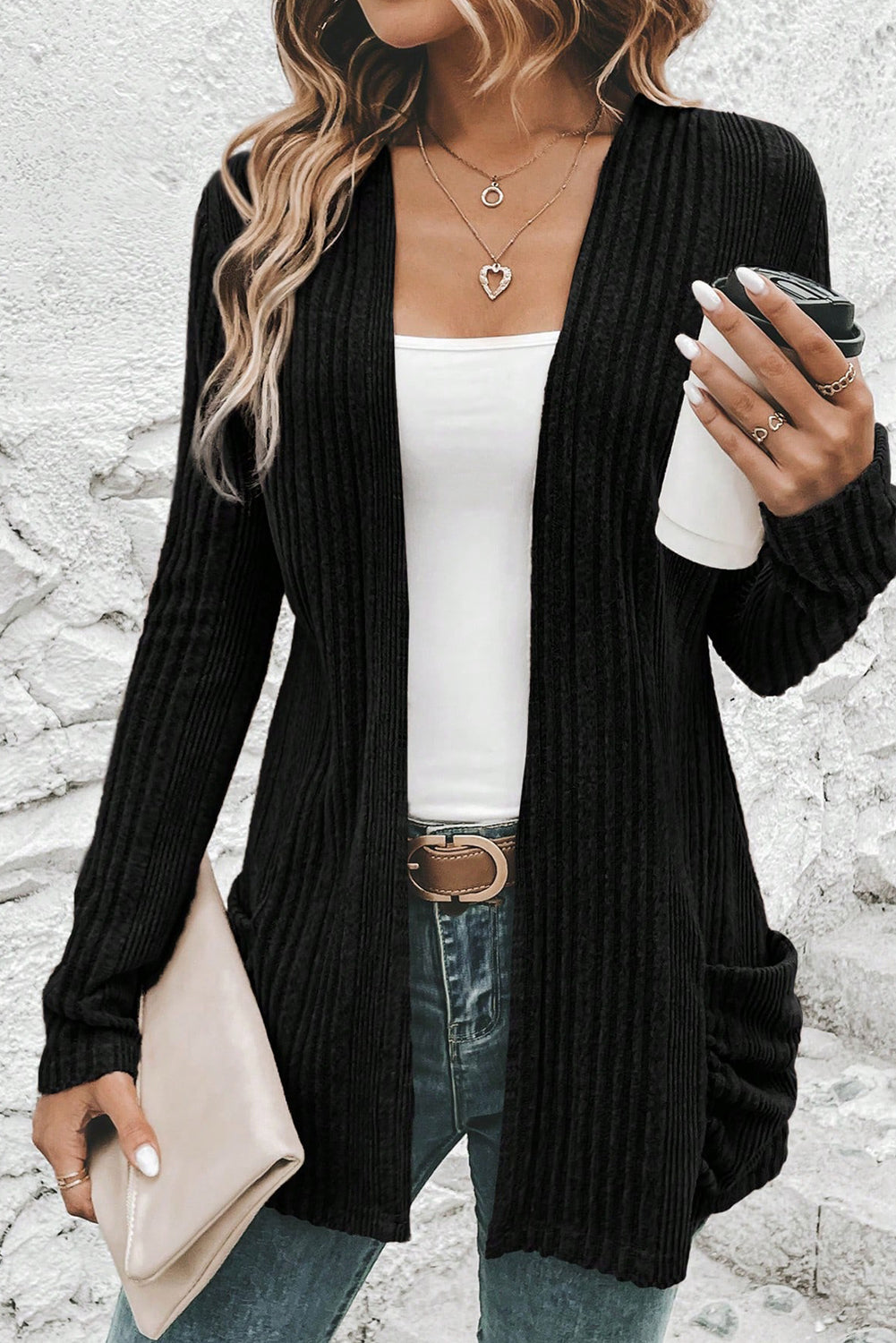 Black Ribbed Open Front Knitted Top with Pockets - Snoopy's Closet