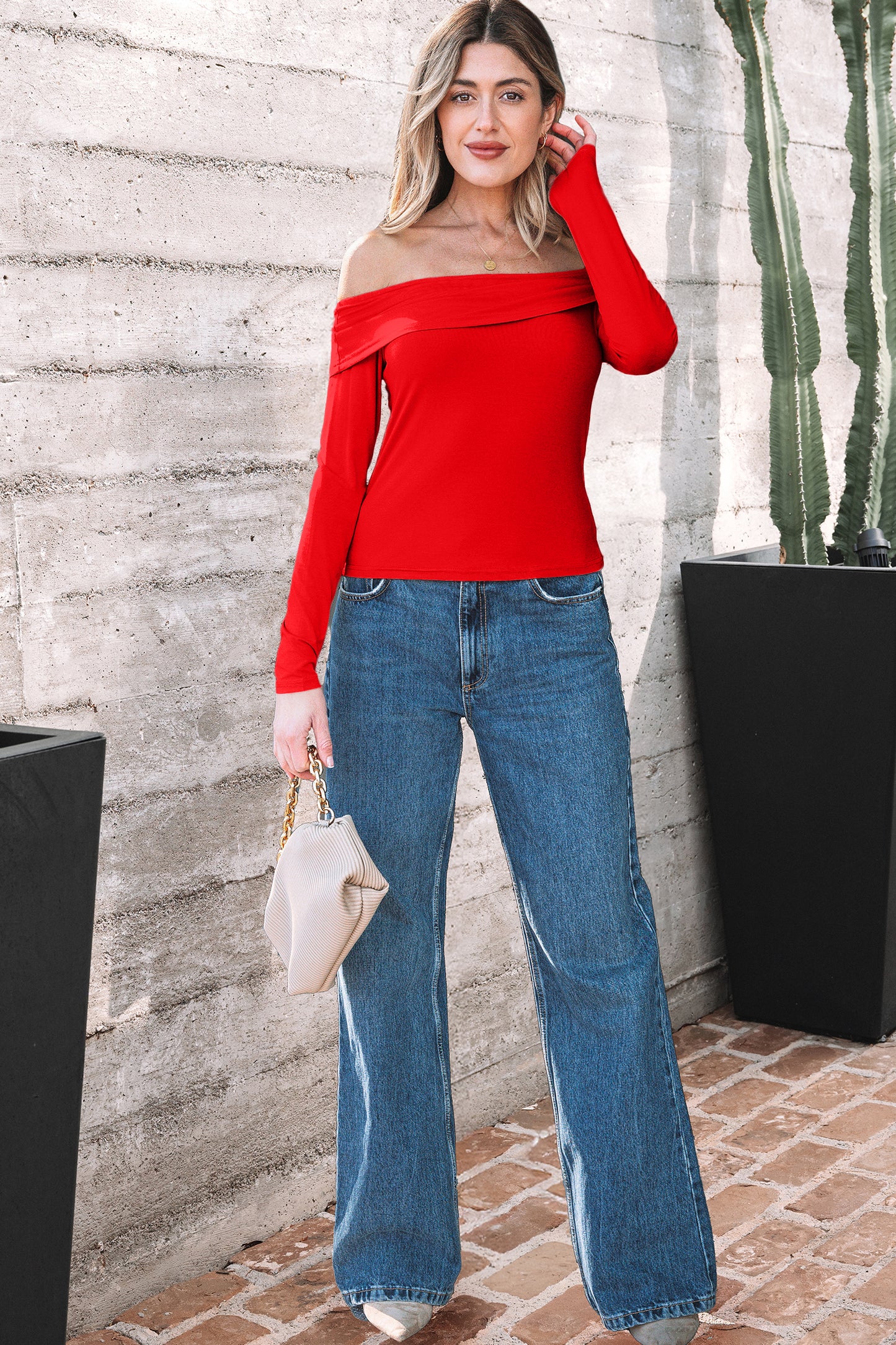 Fiery Red Foldover Off Shoulder Long Sleeve Slim Top - Snoopy's Closet
