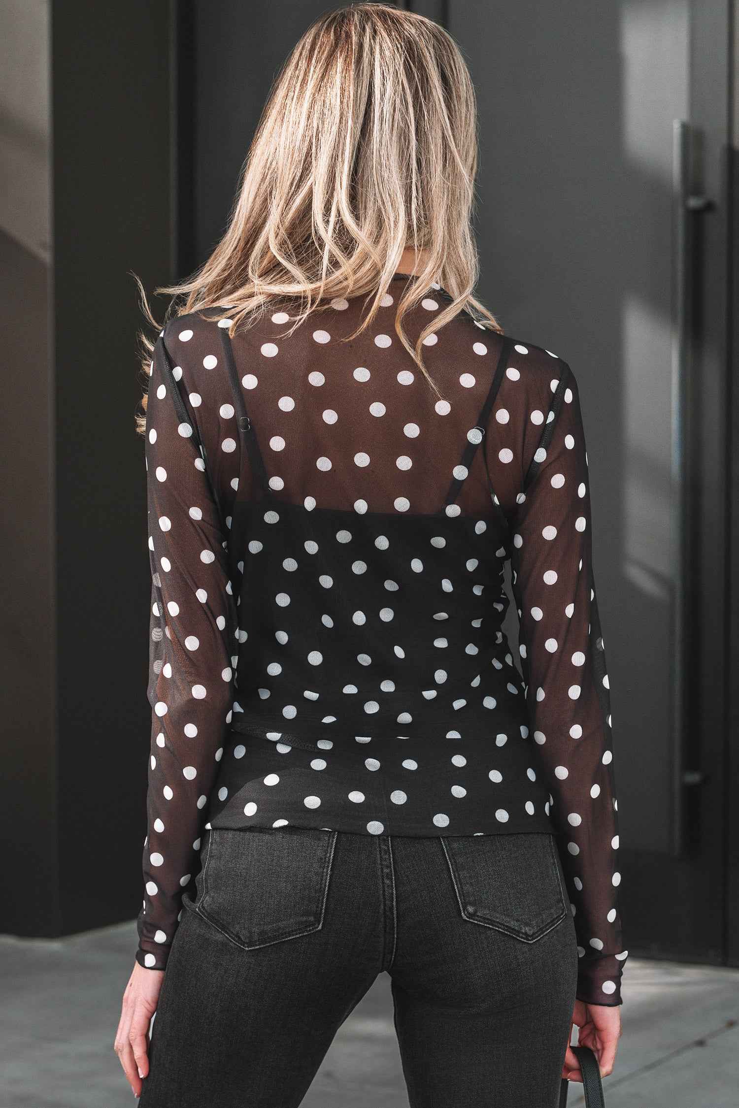Red Polka Dot Patterned Bodycon Mock Neck Mesh Long Sleeve Top