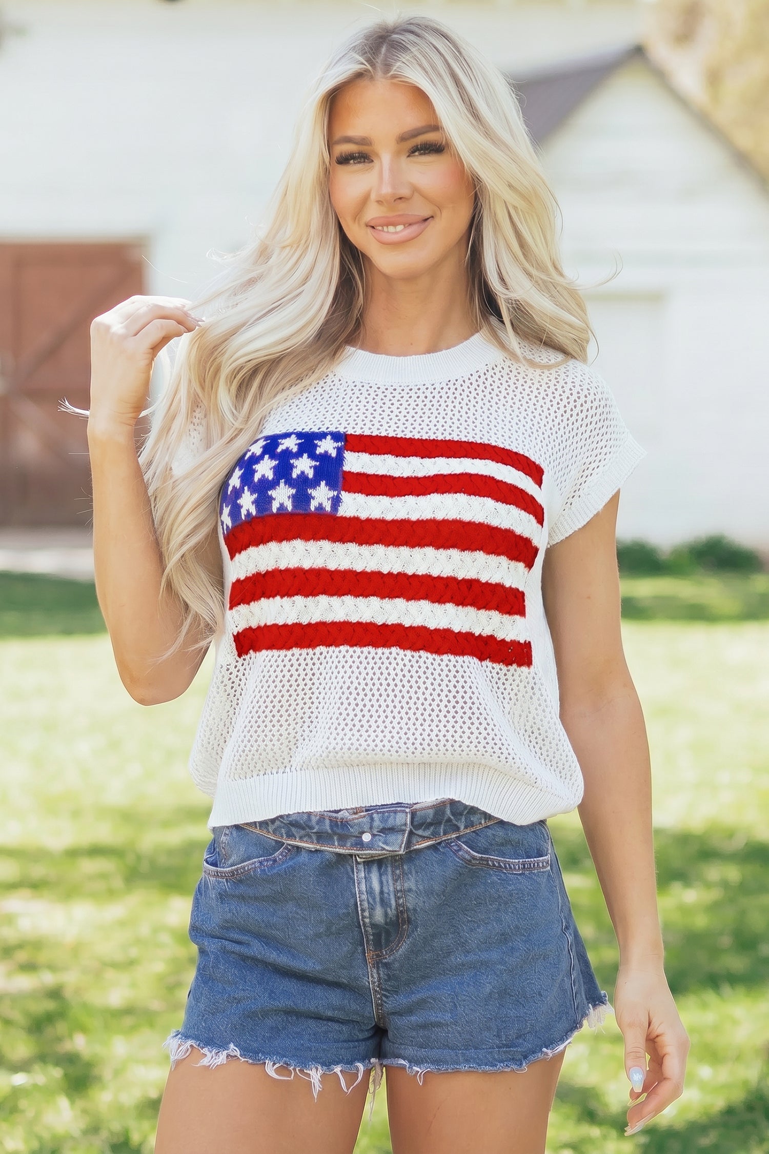 Fiery Red Flag Graphic Short Sleeve Sweater Top - Snoopy's Closet