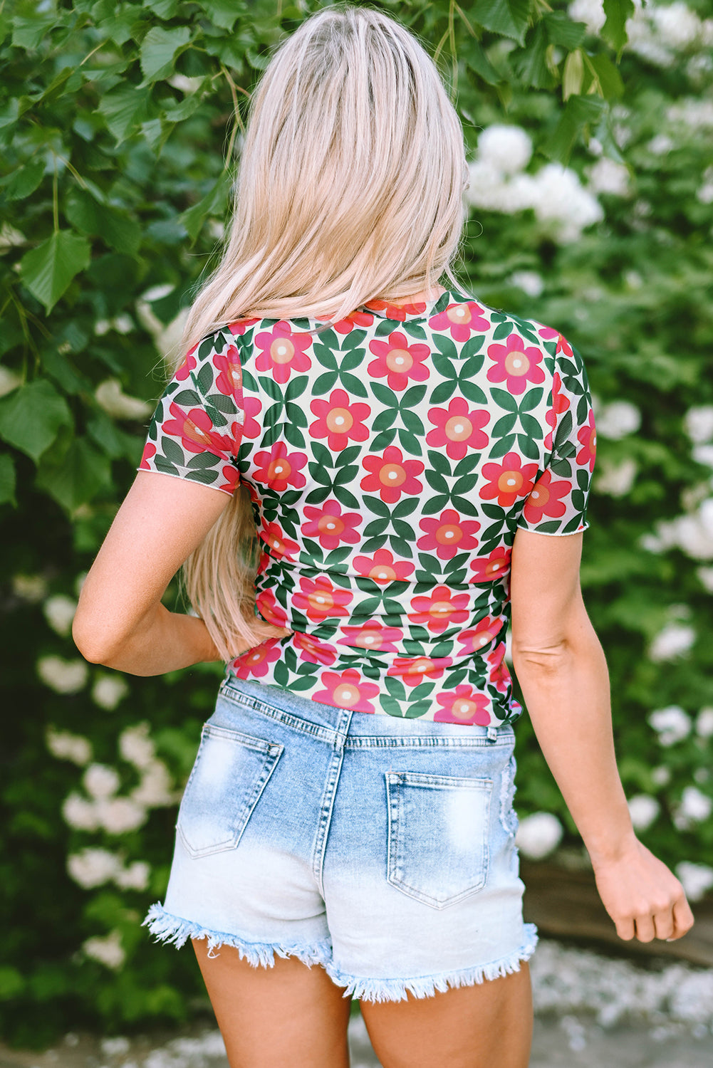 Fiery Red Retro Floral Print Crew Neck T Shirt - Snoopy's Closet