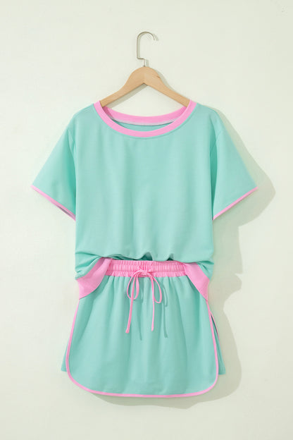 Moonlight Jade Colorblock Edge Drop Shoulder T Shirt and Skort 2Pcs Set