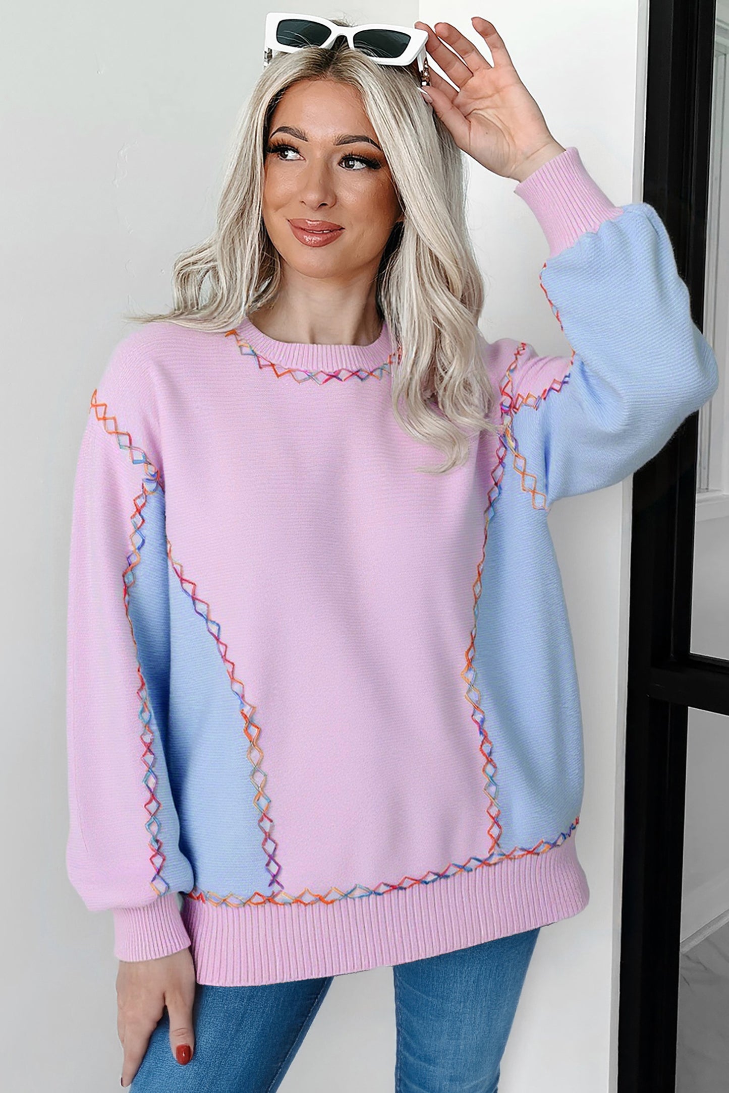 Orchid Bouquet Rainbow Stitching Balloon Sleeve Relaxed Sweater - Snoopy's Closet