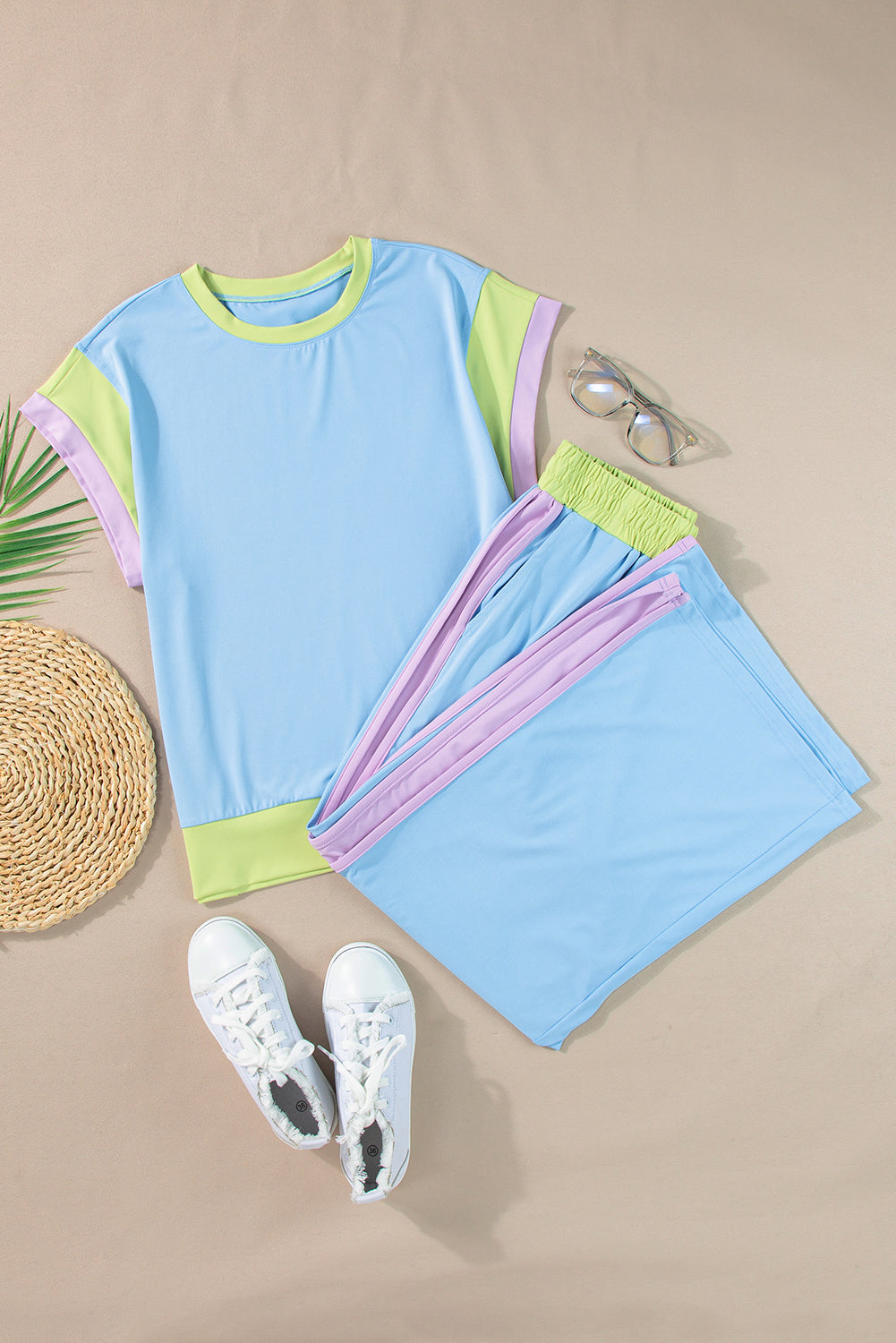 Sky Blue Color Block Detail Casual Two-piece Outfit - Snoopy's Closet