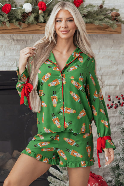 Green Christmas Candy Contrast Trim Bow Knot Silky 2pcs Pajama Set - Snoopy's Closet