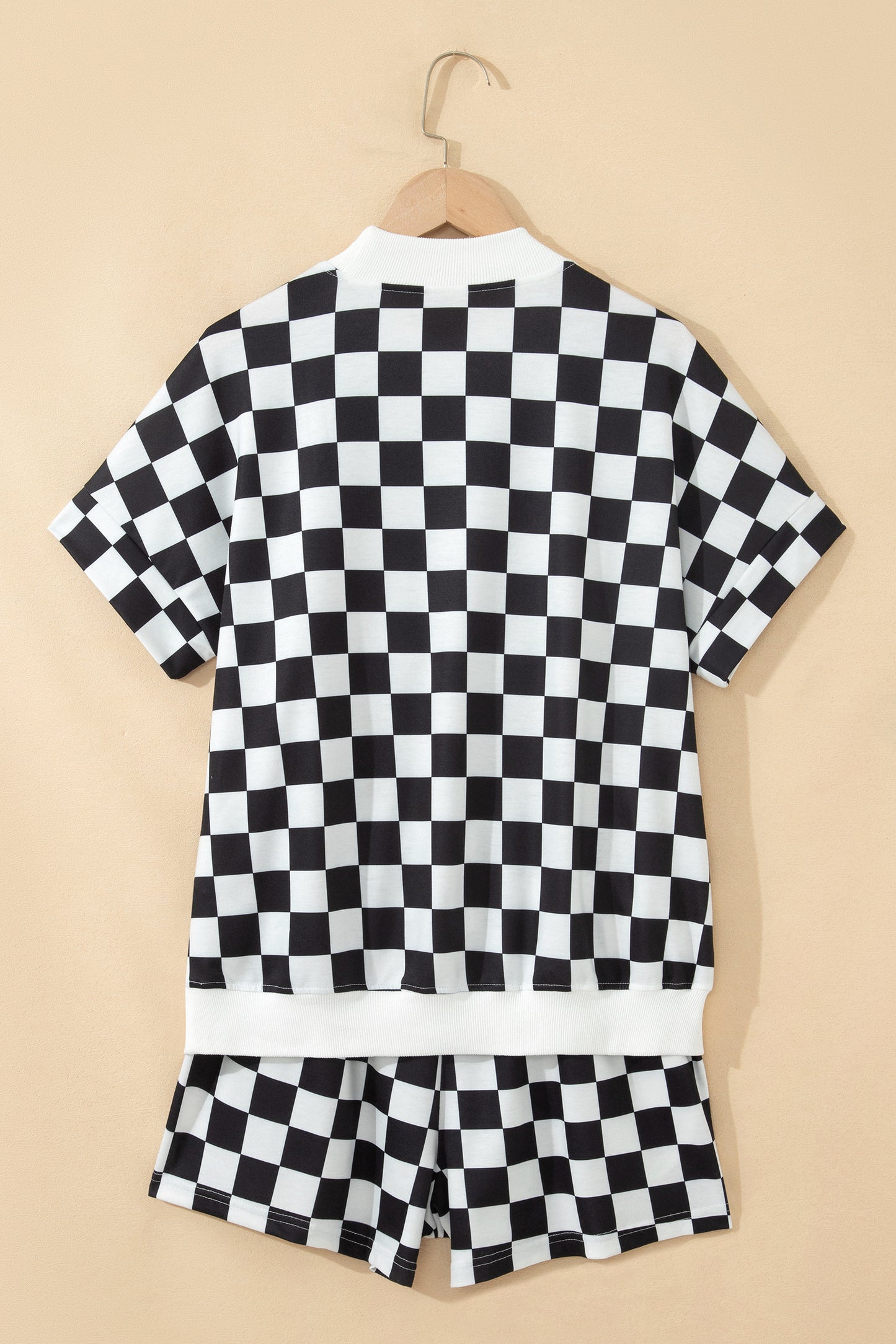 Pink Checkered Print Color Block Trim Mock Neck Short Set - Snoopy's Closet