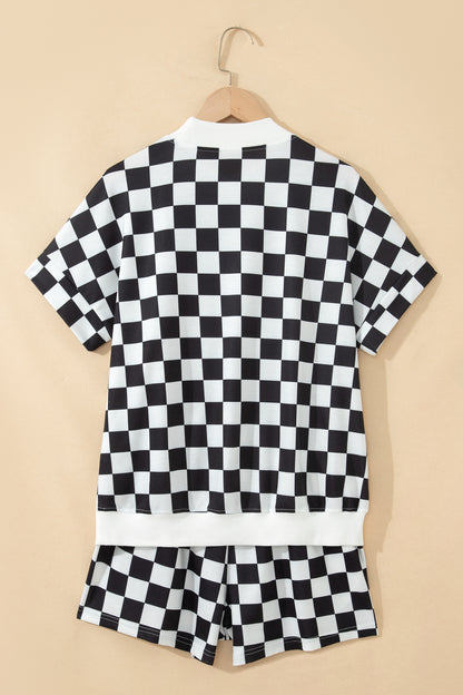 Pink Checkered Print Color Block Trim Mock Neck Short Set - Snoopy's Closet