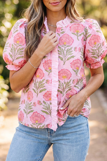 Camisa de manga abullonada con volantes y rayas Pink Sweet Blooms