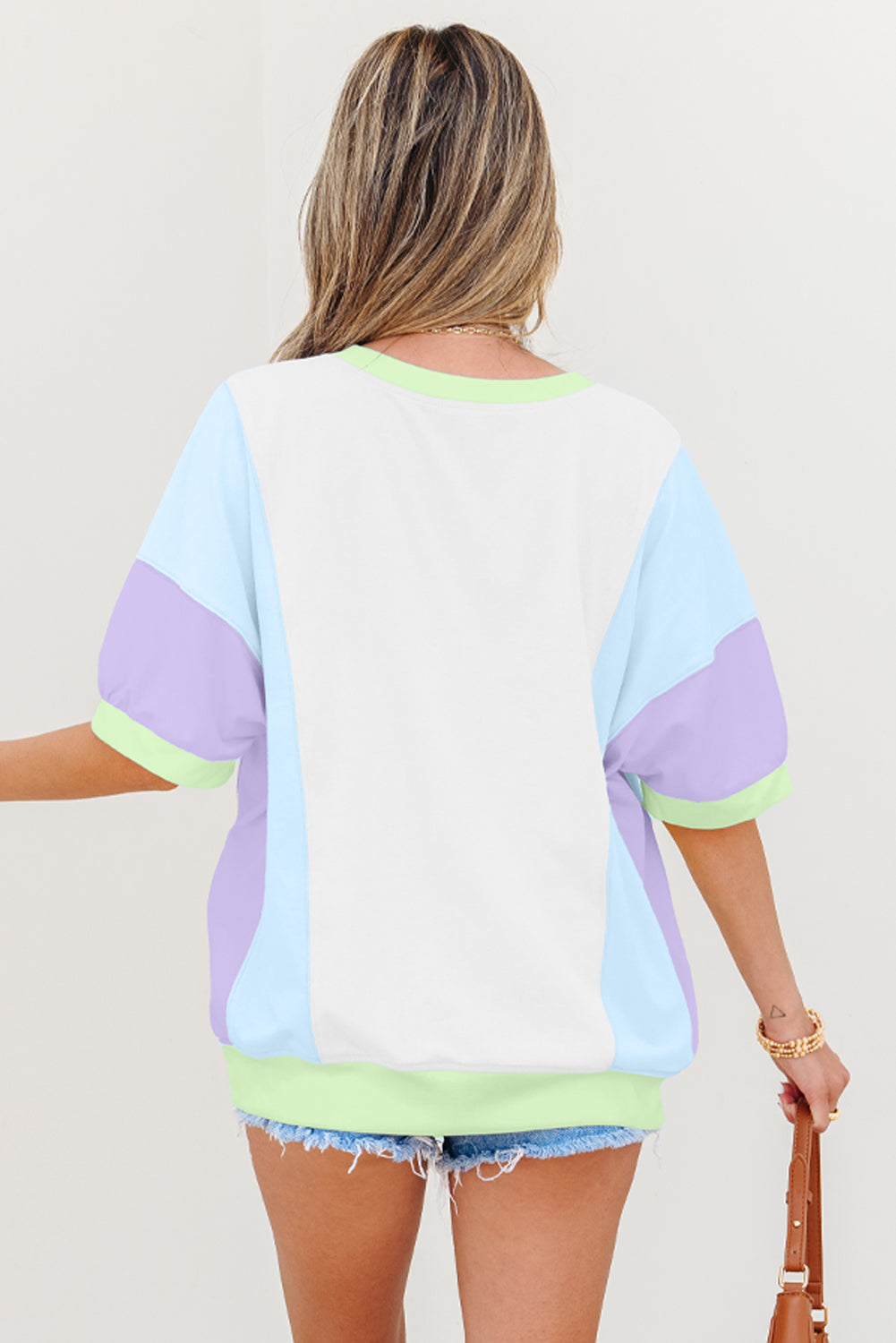 Purple Color Block Patchwork Half Sleeve Oversized T Shirt - Snoopy's Closet
