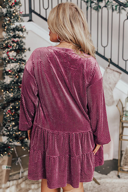 Vestido de Terciopelo Texturizado con Botones y Volantes Talla Grande Color Malva Prado