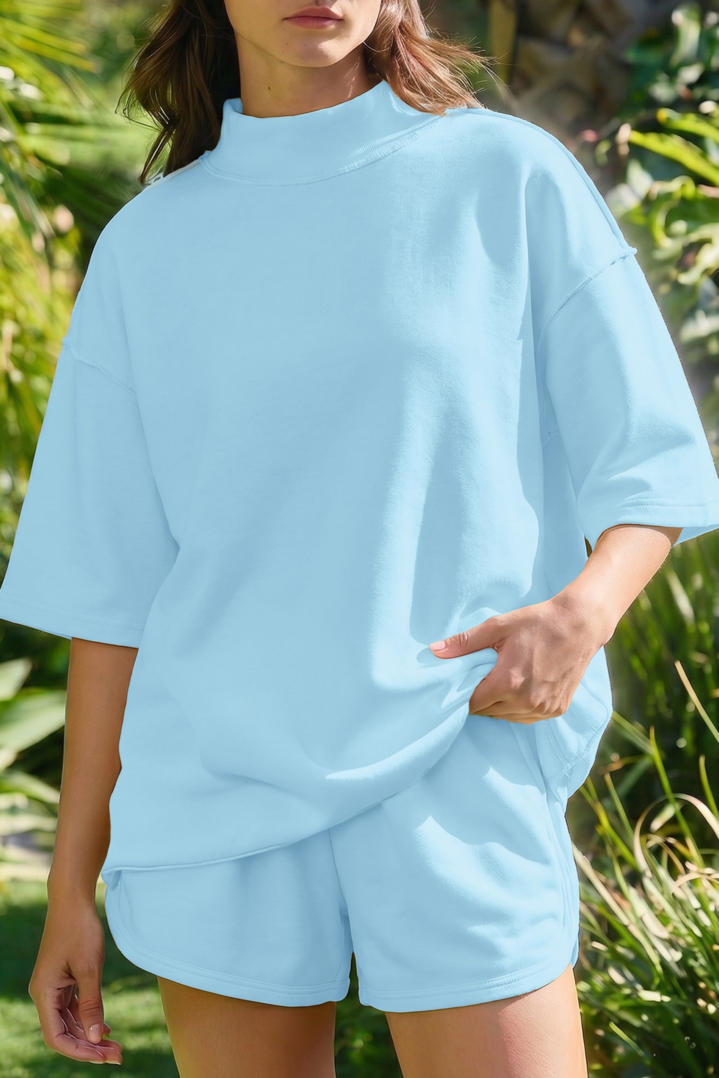 Moonlight Jade Solid Color Exposed Seam Mock Neck Oversize Tee Casual Shorts 2pcs Outfit - Snoopy's Closet
