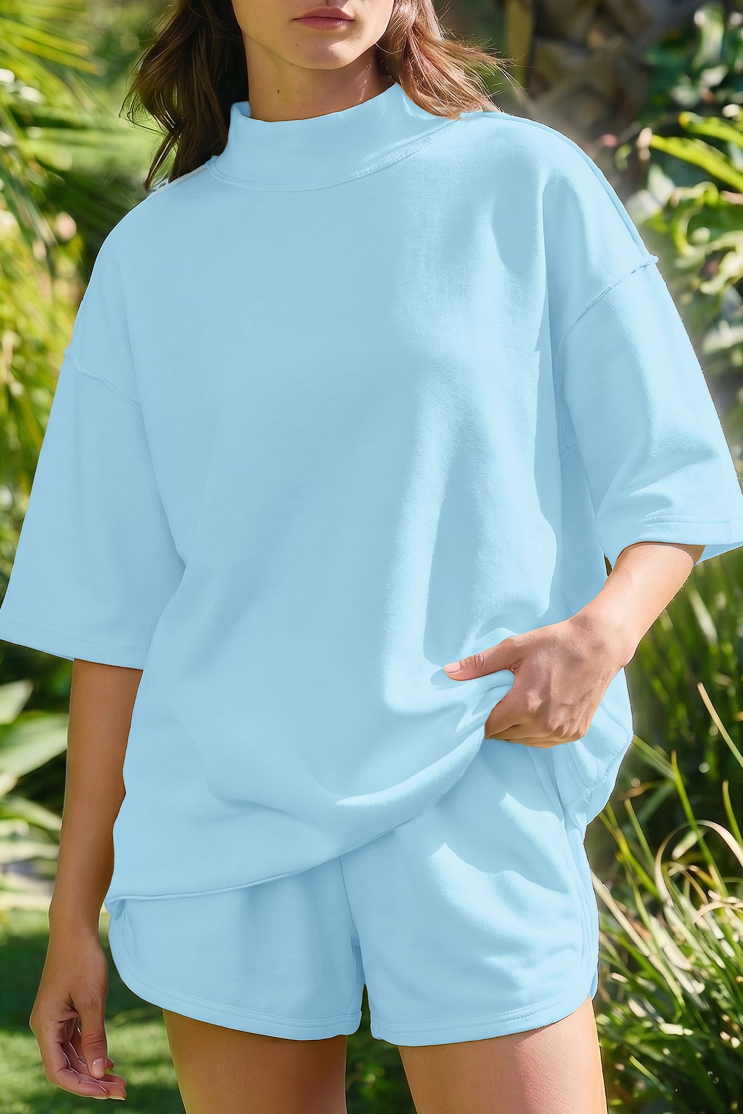 Moonlight Jade Solid Color Exposed Seam Mock Neck Oversize Tee Casual Shorts 2pcs Outfit - Snoopy's Closet