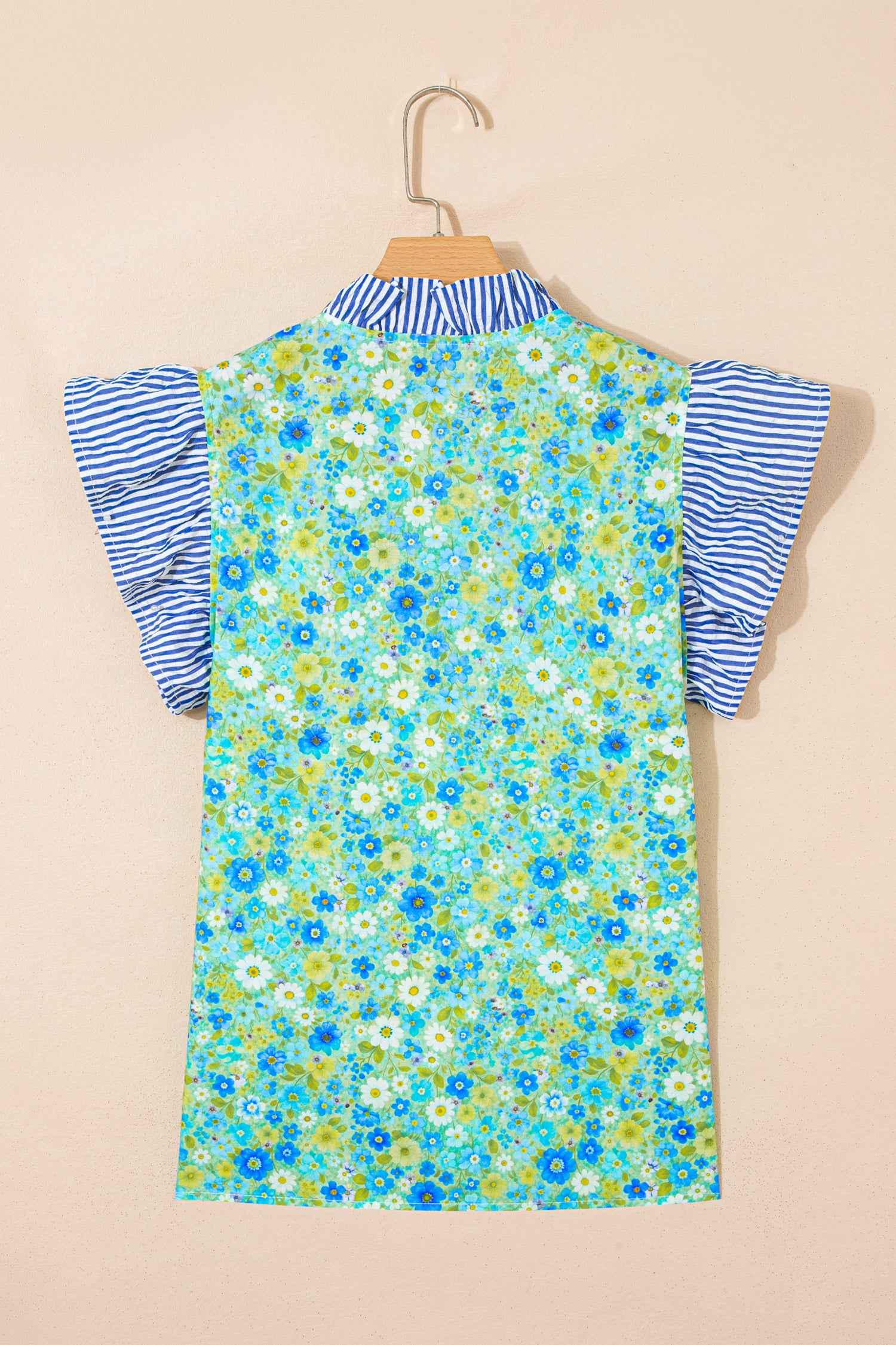 Green Floral Painting Print Striped Patchwork Flutter Sleeve V Neck Blouse