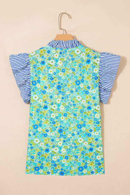 Green Floral Painting Print Striped Patchwork Flutter Sleeve V Neck Blouse
