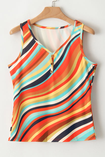 Camiseta sin mangas con cuello de pico, botones y rayas onduladas multicolores