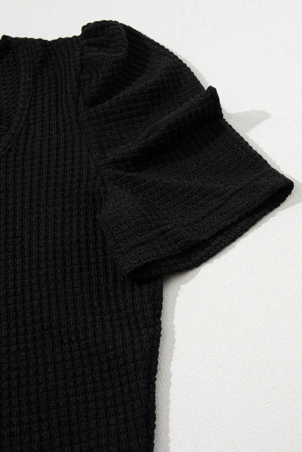 Black Waffle Knit Ruched Puff Sleeve Top - Snoopy's Closet