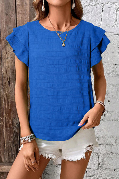 Dark Green Textured Ruffled Sleeve Round Neck Top - Snoopy's Closet