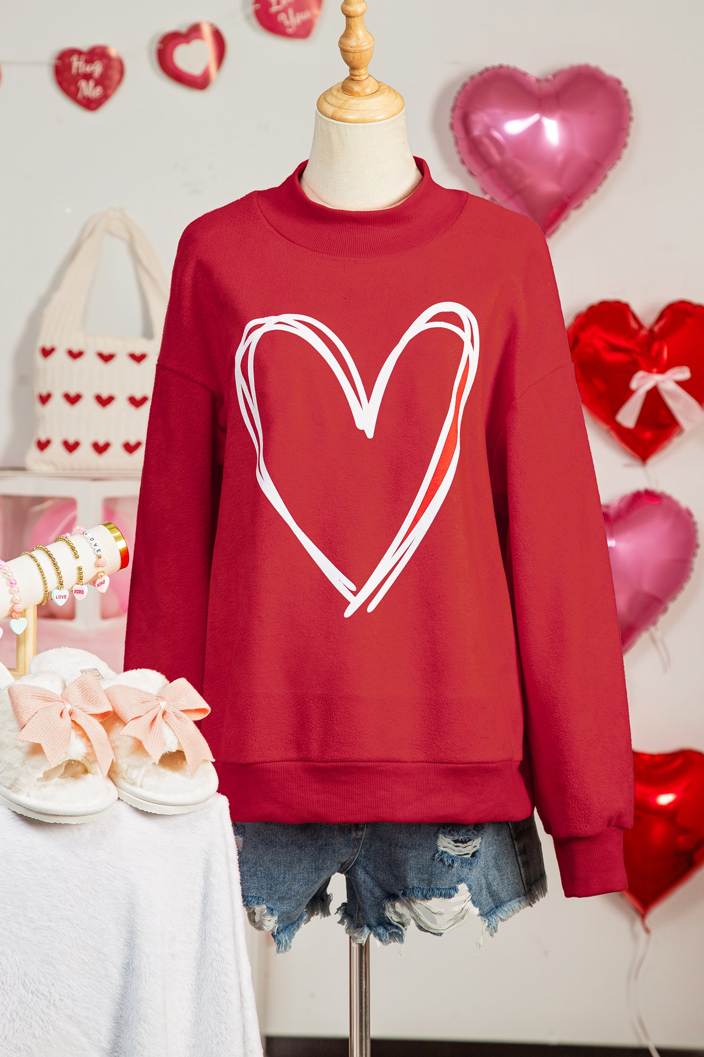 Racing Red Valentines Day Heart Love Script Reversible Printed Double Wear Mock Neck Sweatshirt - Snoopy's Closet