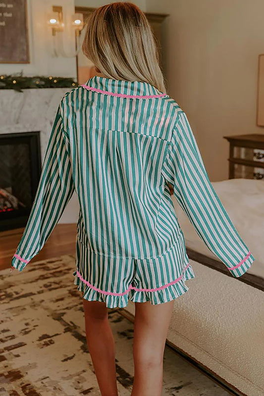 Conjunto de pijama de camiseta de manga larga y pantalón corto fruncido con cordón, ribete de ricrac en contraste de raya verde